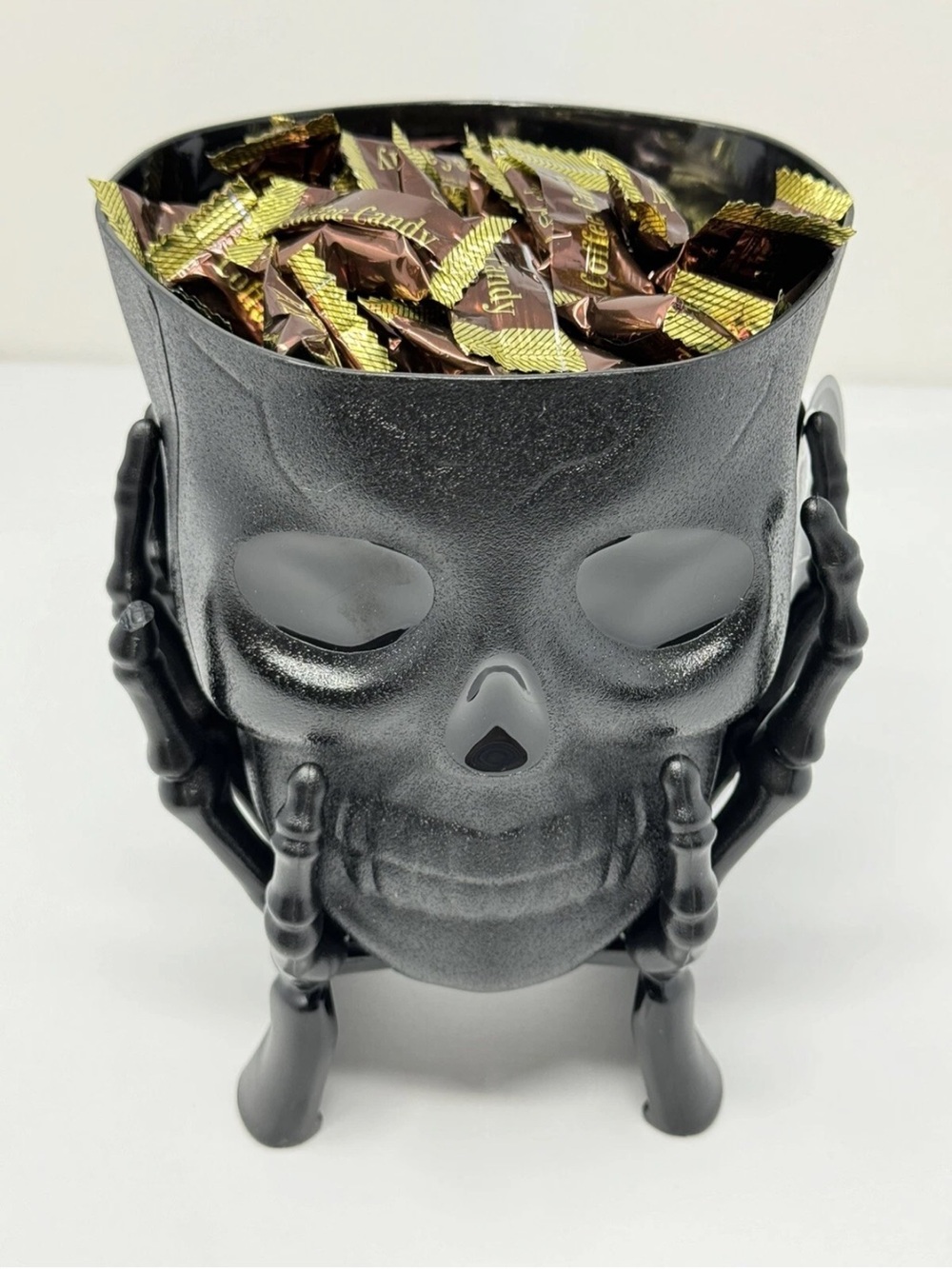 Halloween Skeleton Skull In Hands Candy Planter Bowl Black Tone 5” X 7.5”